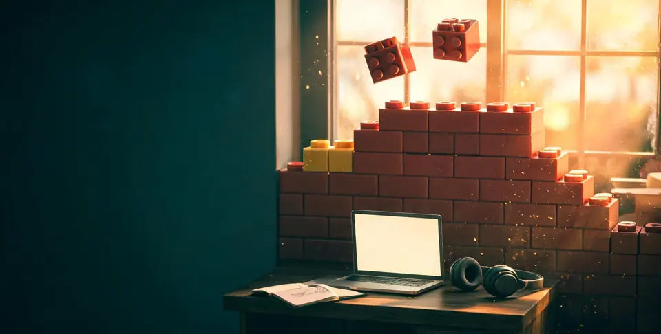 Escritorio de un creador al atardecer: una laptop y unos audífonos frente a un muro de bloques rojos a medio armar, con dos bloques flotando a punto de encajar.
