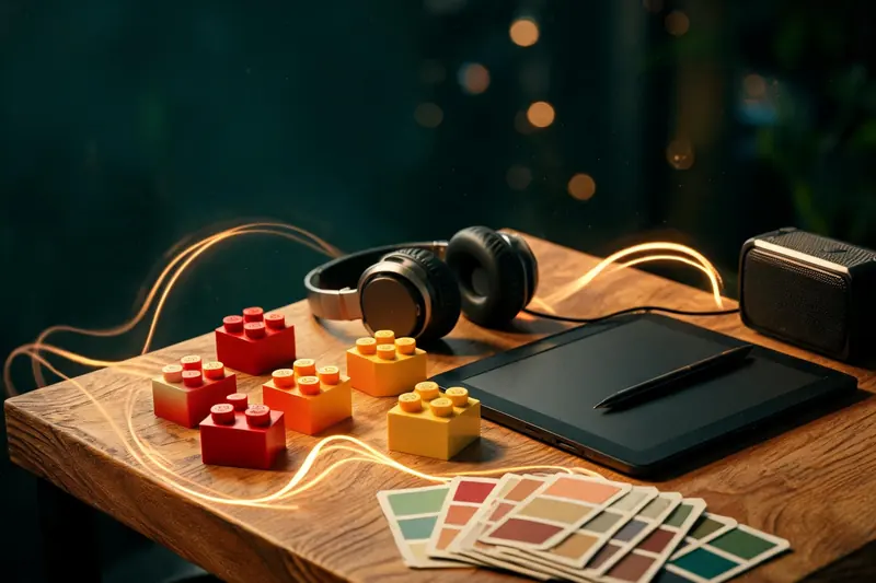 Audífonos, una tableta de dibujo, muestras de color y un parlante, con cintas de luz que parecen ondas de sonido.