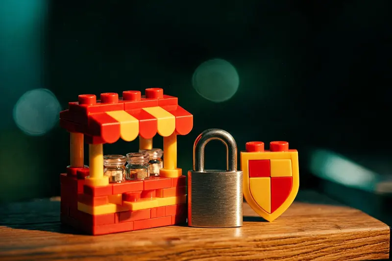 Un puesto de mercado en miniatura hecho de bloques, junto a un candado de acero y un bloque en forma de escudo.