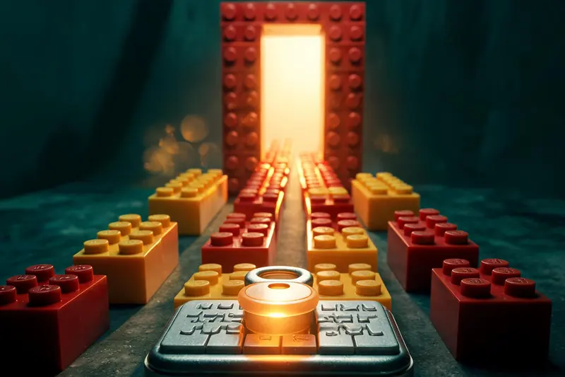 Una puerta de bloques rojos abierta al final de un camino de bloques, con luz cálida que sale hacia quien mira y una tecla luminosa en primer plano.