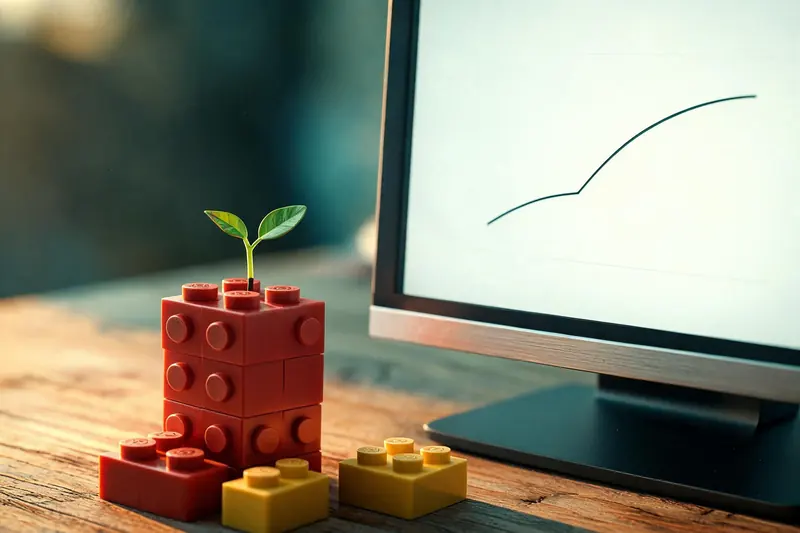 Un monitor al amanecer con una línea ascendente sin números y una plantita brotando de una pila de bloques rojos.